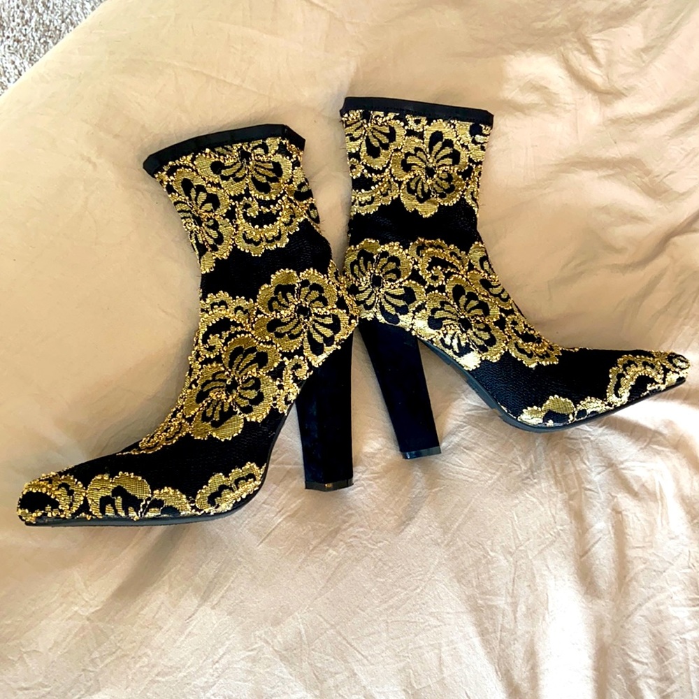 Gold and Black Floral Print Pointy Toe Booties